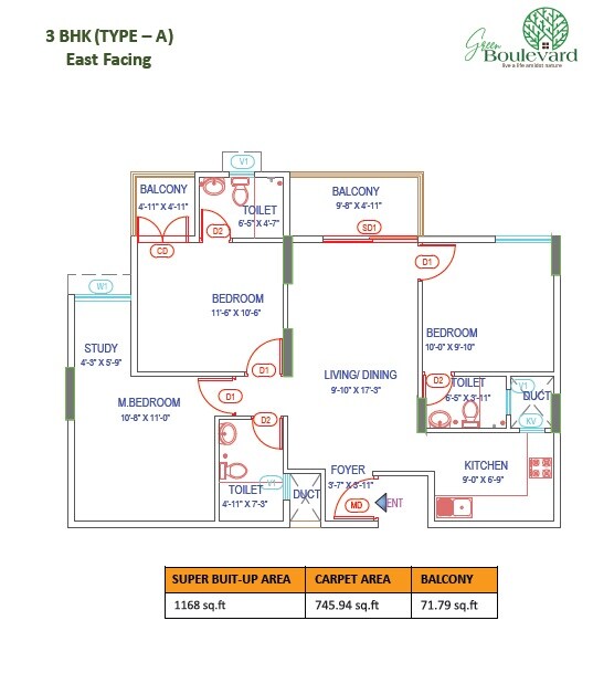 Floor plan of 3 BHK 1168 Sq. Ft. Apartment in Green Boulevard, Bangalore