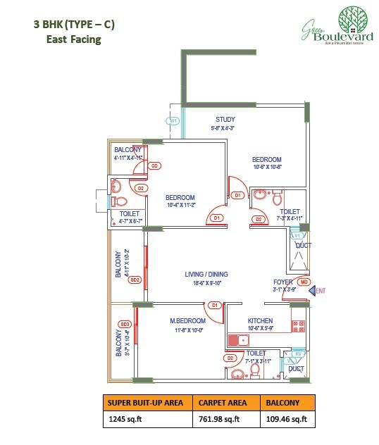 Floor plan of 3 BHK 1245 Sq. Ft. Apartment in Green Boulevard, Bangalore