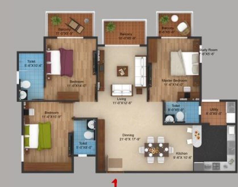 Floor plan of 3 BHK 1545 Sq. Ft. Apartment in Green City Eutopia, Bangalore