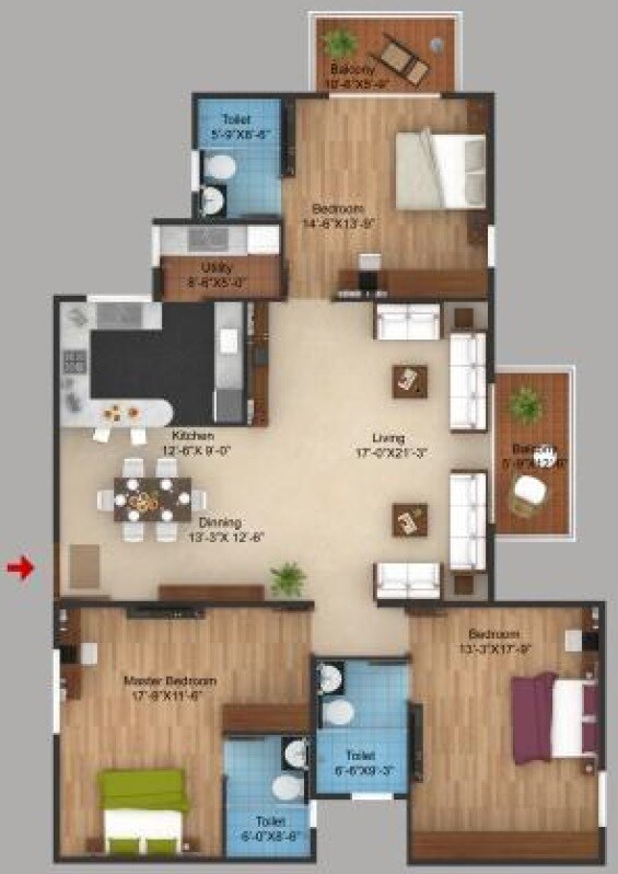 Floor plan of 3 BHK 1740 Sq. Ft. Apartment in Green City Eutopia, Bangalore