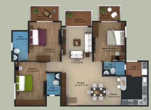 Floor plan of 3 BHK 1545 Sq. Ft. Apartment in Green City Eutopia BTM Layout, Bangalore