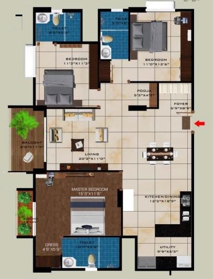 Floor plan of 3 BHK 1740 Sq. Ft. Apartment in Green City Eutopia BTM Layout, Bangalore
