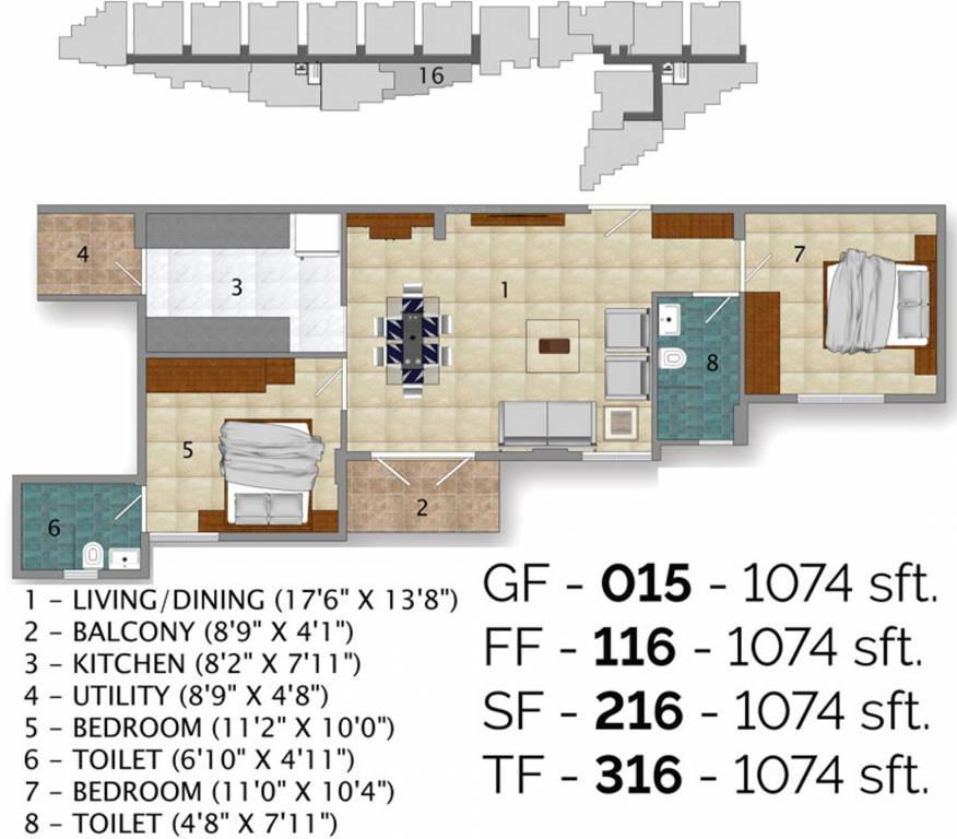 Floor plan of 2 BHK 1074 Sq. Ft. Apartment in Green Earth Atrium, Bangalore