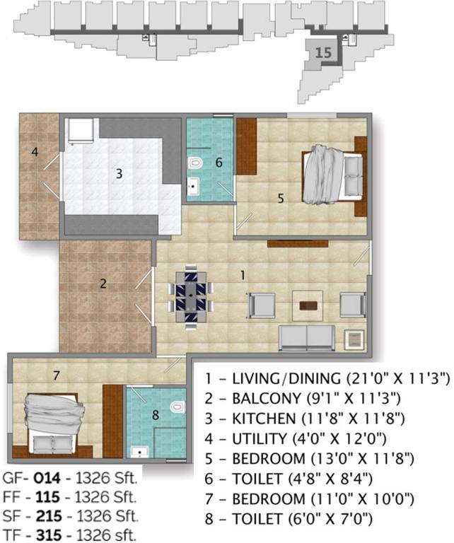 Floor plan of 2 BHK 1326 Sq. Ft. Apartment in Green Earth Atrium, Bangalore
