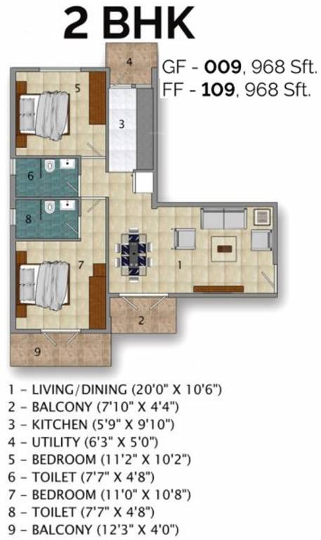 Floor plan of 2 BHK 968 Sq. Ft. Apartment in Green Earth Atrium, Bangalore