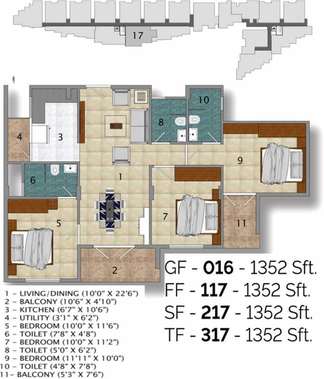 Floor plan of 3 BHK 1352 Sq. Ft. Apartment in Green Earth Atrium, Bangalore