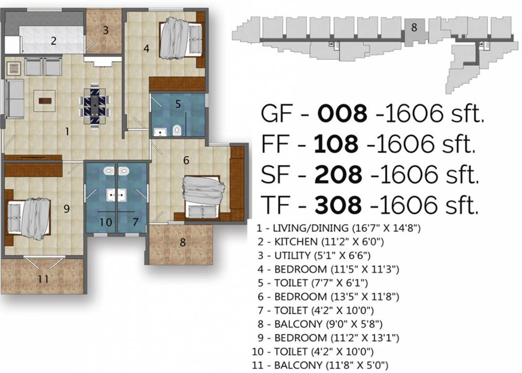 Floor plan of 3 BHK 1606 Sq. Ft. Apartment in Green Earth Atrium, Bangalore