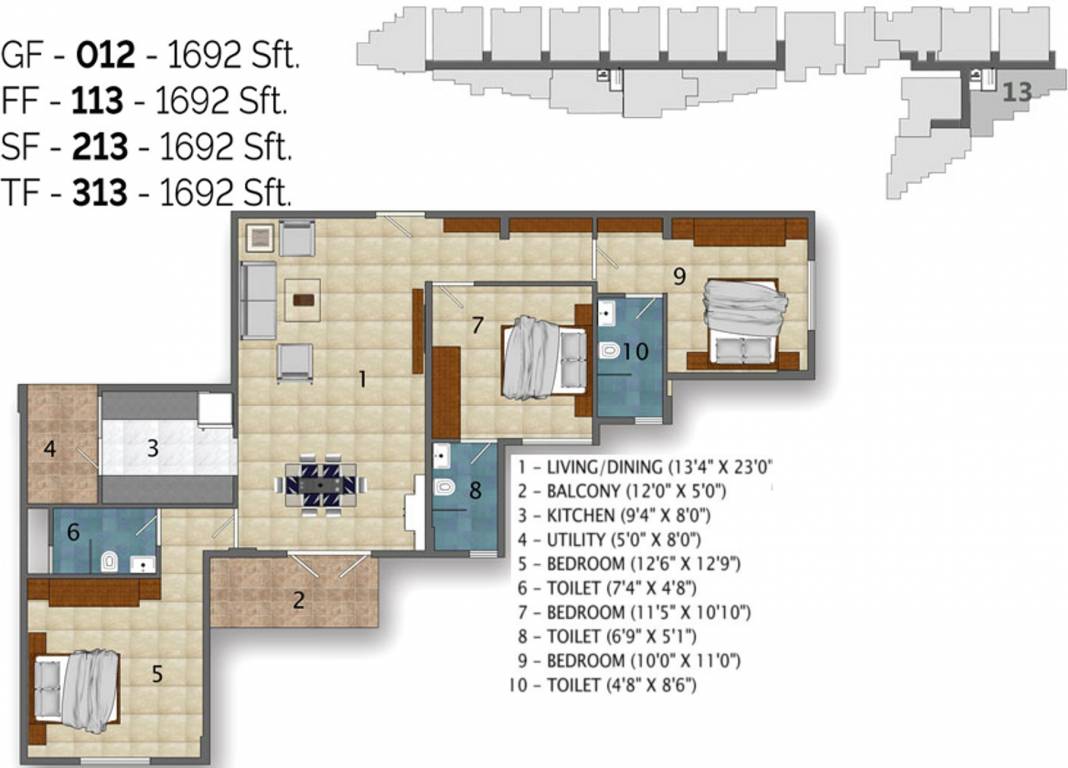 Floor plan of 3 BHK 1692 Sq. Ft. Apartment in Green Earth Atrium, Bangalore