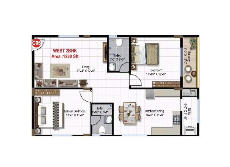 Floor plan of 2 BHK 1280 Sq. Ft. Apartment in Green Edge Signature, Bangalore