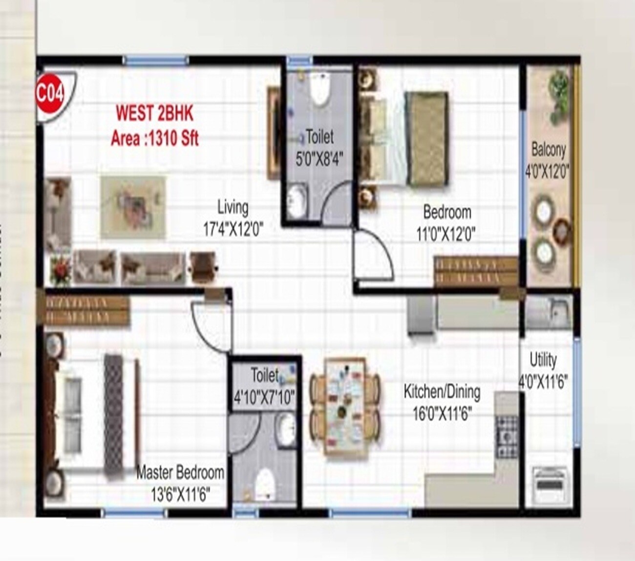 Floor plan of 2 BHK 1310 Sq. Ft. Apartment in Green Edge Signature, Bangalore