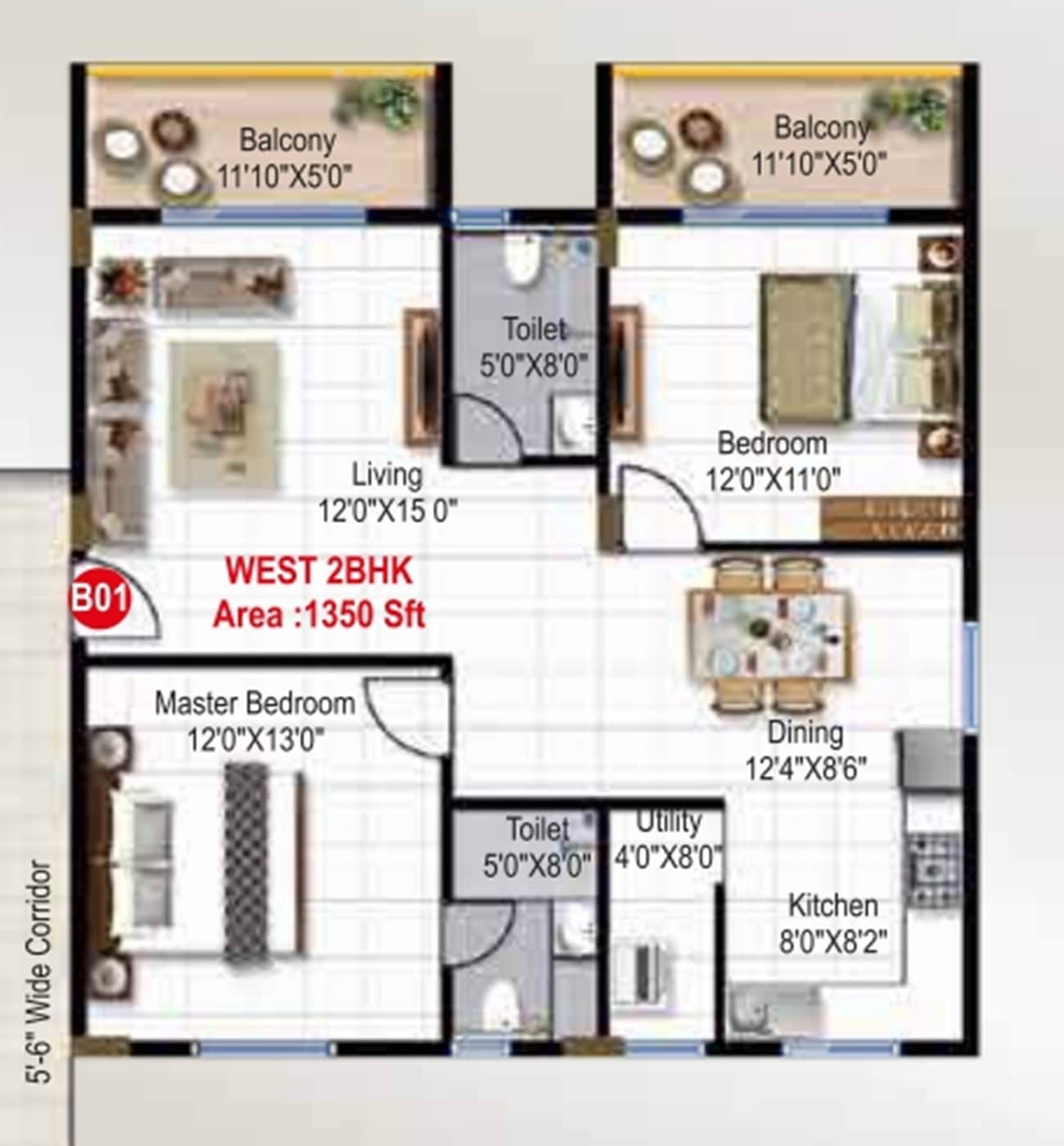 2 BHK 1350 Sq. Ft. Apartment