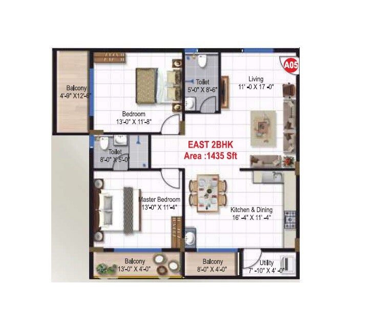 Floor plan of 2 BHK 1435 Sq. Ft. Apartment in Green Edge Signature, Bangalore
