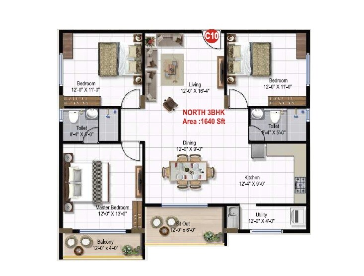 Floor plan of 3 BHK 1640 Sq. Ft. Apartment in Green Edge Signature, Bangalore