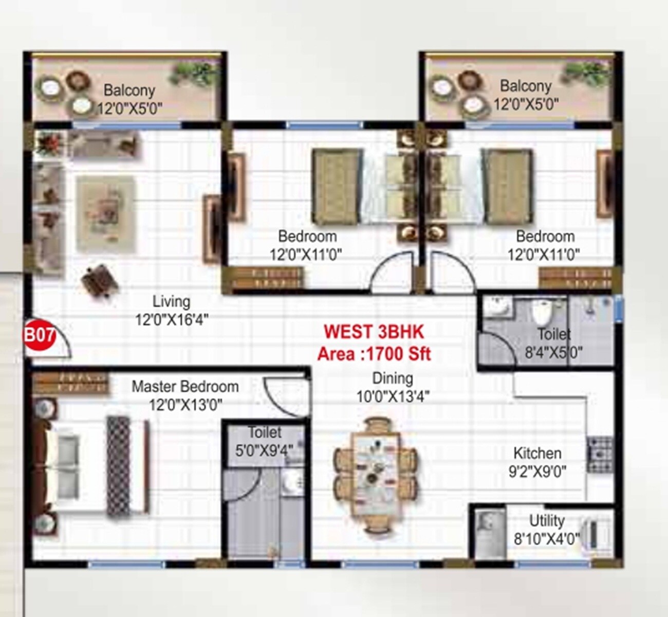 Floor plan of 3 BHK 1700 Sq. Ft. Apartment in Green Edge Signature, Bangalore