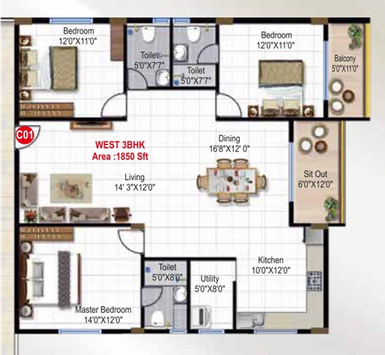 3 BHK 1850 Sq. Ft. Apartment