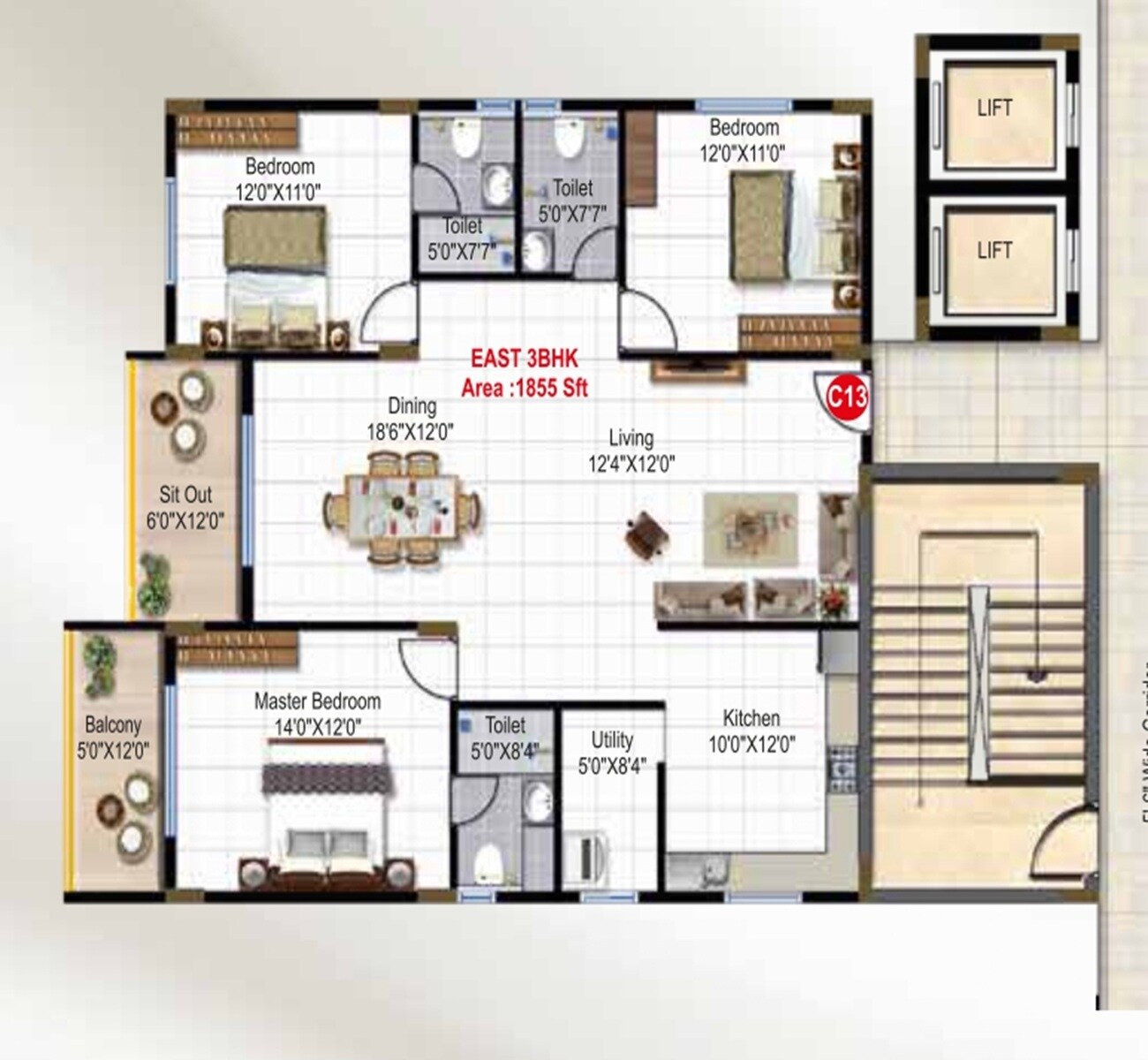 3 BHK 1855 Sq. Ft. Apartment