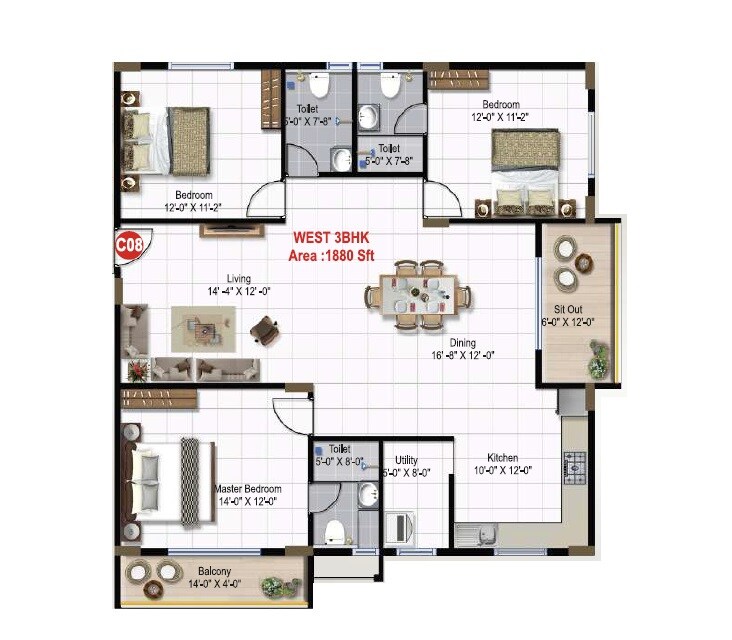 Floor plan of 3 BHK 1880 Sq. Ft. Apartment in Green Edge Signature, Bangalore