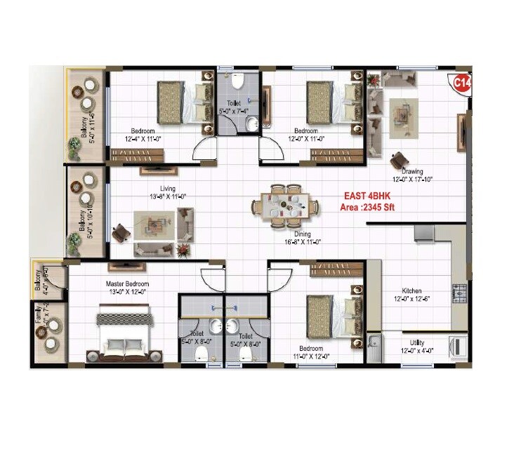 Floor plan of 4 BHK 2345 Sq. Ft. Apartment in Green Edge Signature, Bangalore