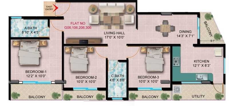 Floor plan of 2 BHK 1200 Sq. Ft. Apartment in Green Fontana, Bangalore