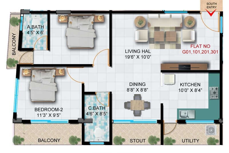 Floor plan of 2 BHK 1400 Sq. Ft. Apartment in Green Fontana, Bangalore