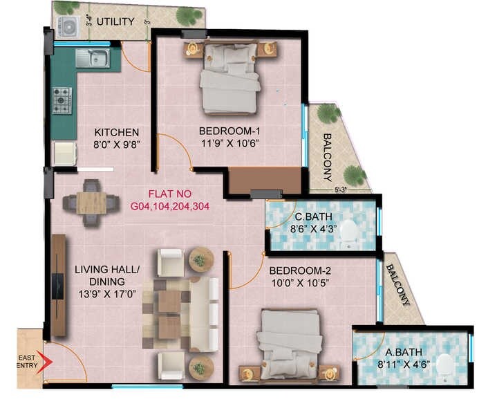 Floor plan of 2 BHK 910 Sq. Ft. Apartment in Green Fontana, Bangalore