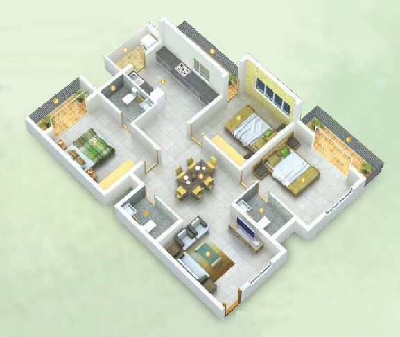 Floor plan of 3 BHK 1740 Sq. Ft. Apartment in Green Prime, Bangalore