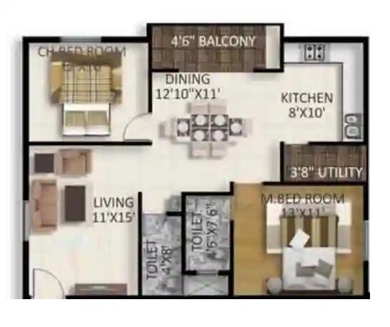 Floor plan of 2 BHK 1159 Sq. Ft. Apartment in Green Prime Manshion, Bangalore