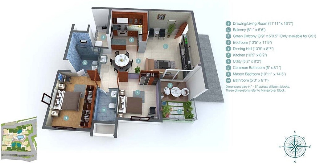 Floor plan of 2 BHK 1286 Sq. Ft. Apartment in Green Shapes Udgam Green Luxury, Bangalore