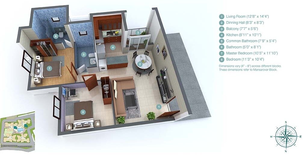 Floor plan of 2 BHK 982 Sq. Ft. Apartment in Green Shapes Udgam Green Luxury, Bangalore