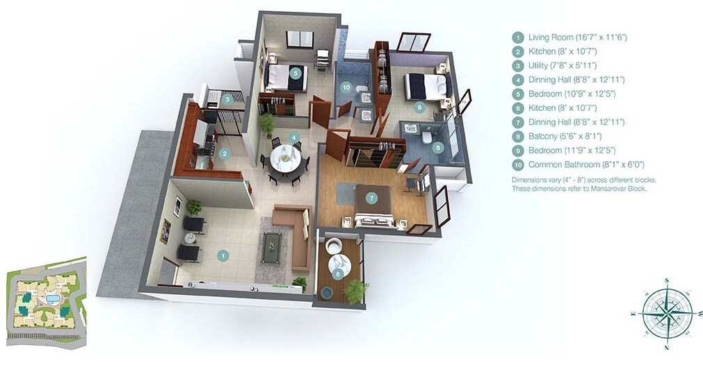 Floor plan of 3 BHK 1500 Sq. Ft. Apartment in Green Shapes Udgam Green Luxury, Bangalore