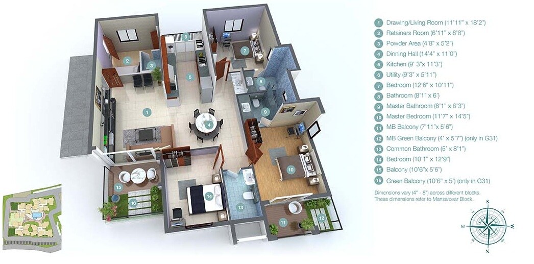 Floor plan of 3 BHK 1967 Sq. Ft. Apartment in Green Shapes Udgam Green Luxury, Bangalore