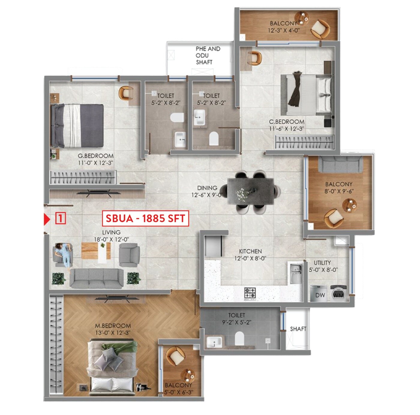 Floor plan of 3 BHK 1885 Sq. Ft. Apartment in Green Silver Horizon, Bangalore