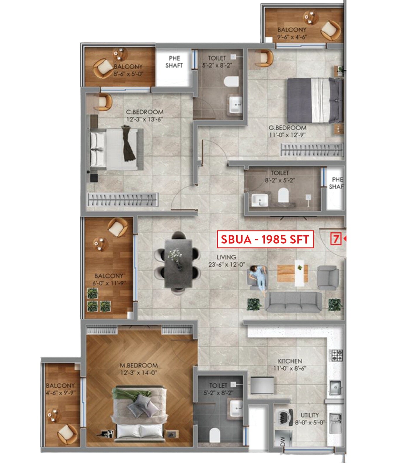 Floor plan of 3 BHK 1985 Sq. Ft. Apartment in Green Silver Horizon, Bangalore