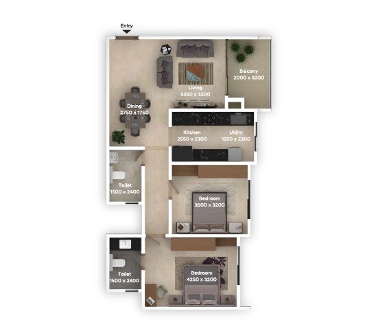 Floor plan of 2 BHK 1192 Sq. Ft. Apartment in Greenfinch Meadows, Bangalore