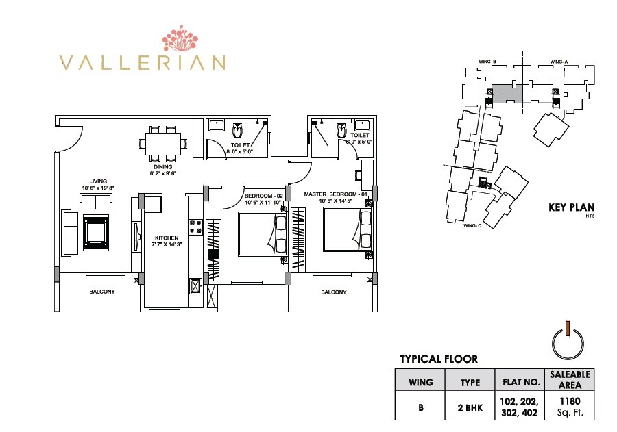 Floor plan of 2 BHK 1180 Sq. Ft. Apartment in Greenfinch Vallerian, Bangalore