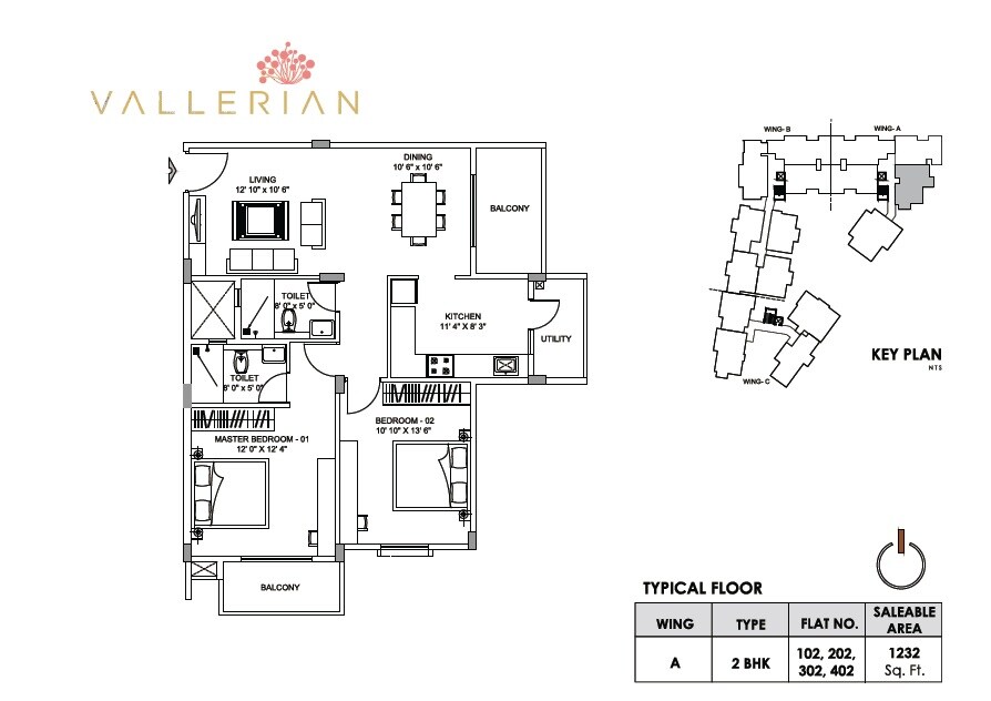 Floor plan of 2 BHK 1232 Sq. Ft. Apartment in Greenfinch Vallerian, Bangalore