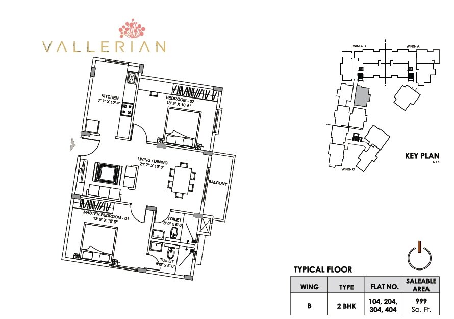 Floor plan of 2 BHK 999 Sq. Ft. Apartment in Greenfinch Vallerian, Bangalore
