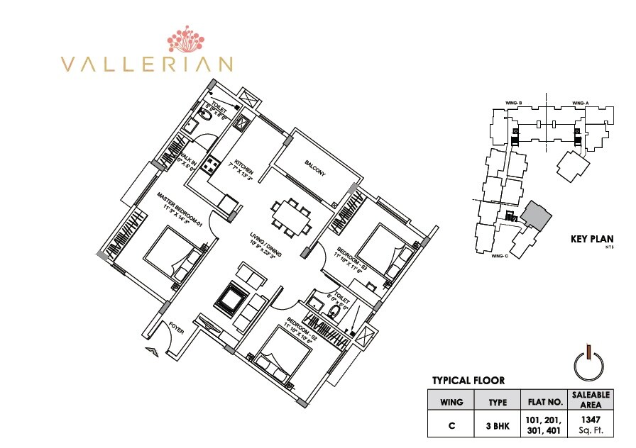 Floor plan of 3 BHK 1347 Sq. Ft. Apartment in Greenfinch Vallerian, Bangalore