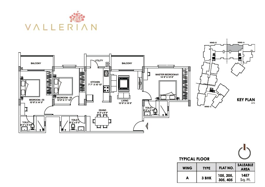Floor plan of 3 BHK 1457 Sq. Ft. Apartment in Greenfinch Vallerian, Bangalore