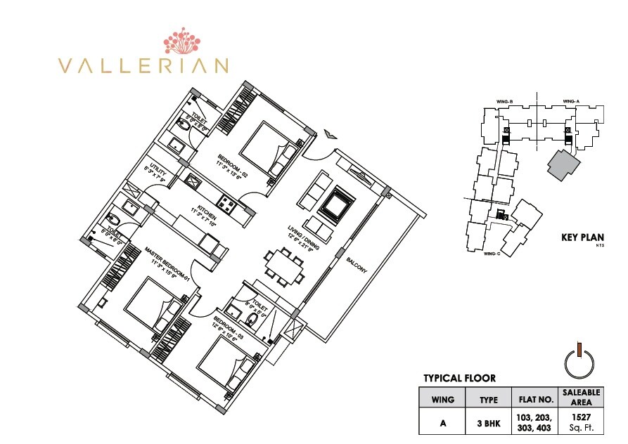 Floor plan of 3 BHK 1527 Sq. Ft. Apartment in Greenfinch Vallerian, Bangalore