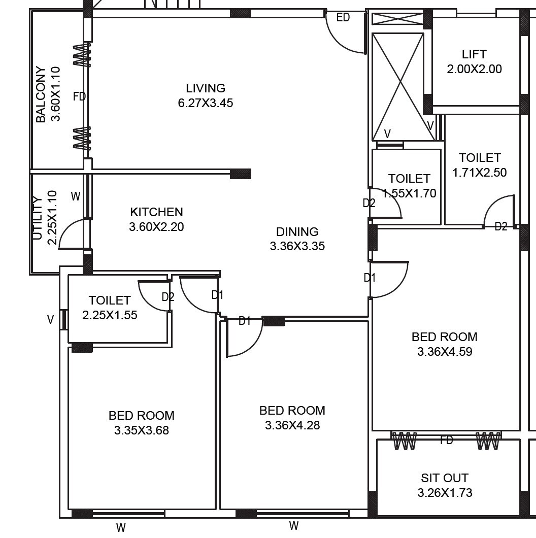 Floor plan of 3 BHK 1665 Sq. Ft. Apartment in Greenleaf Bougainvillea, Bangalore