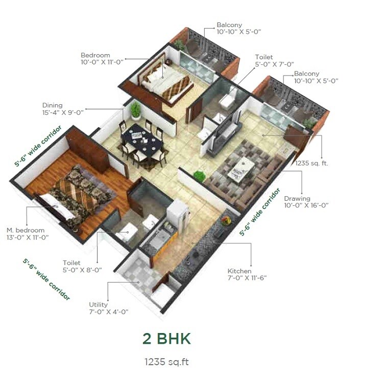2 BHK 1235 Sq. Ft. Apartment