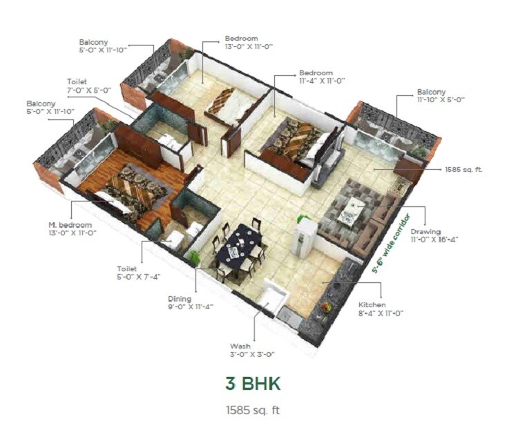 3 BHK 1585 Sq. Ft. Apartment