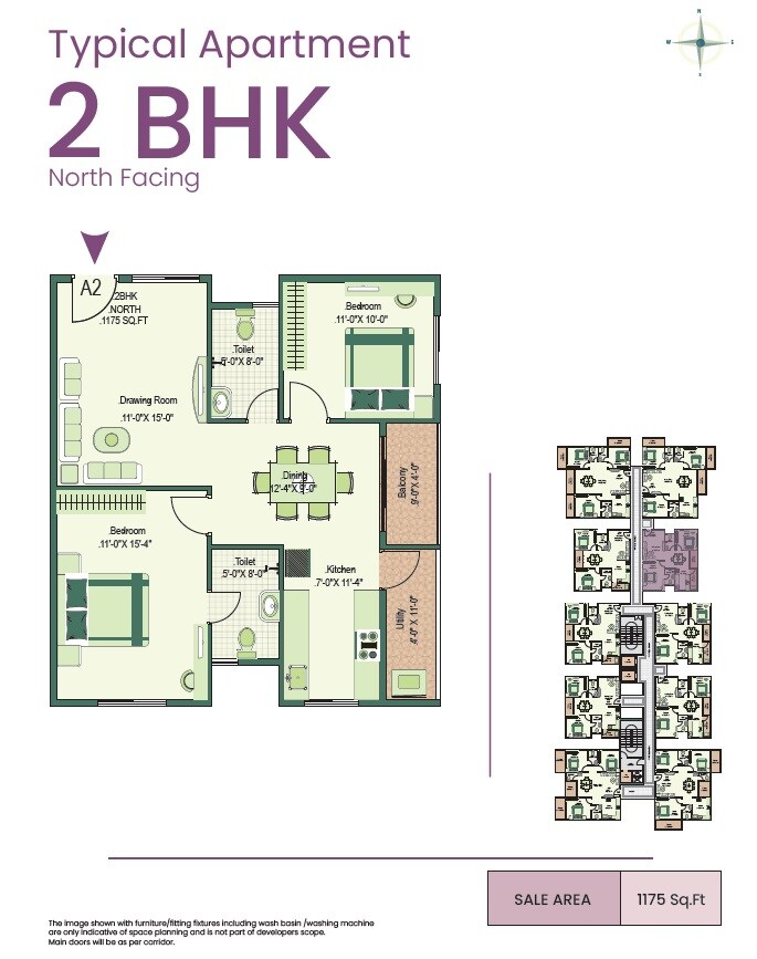 Floor plan of 2 BHK 1175 Sq. Ft. Apartment in Greennesto Primus, Bangalore