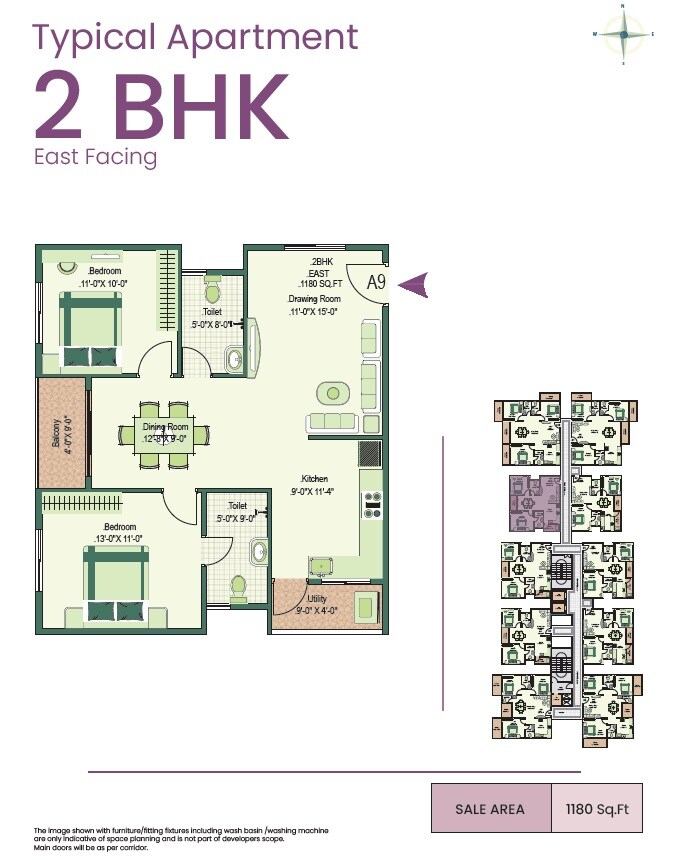 Floor plan of 2 BHK 1180 Sq. Ft. Apartment in Greennesto Primus, Bangalore