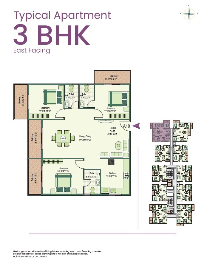 Floor plan of 3 BHK 1535 Sq. Ft. Apartment in Greennesto Primus, Bangalore