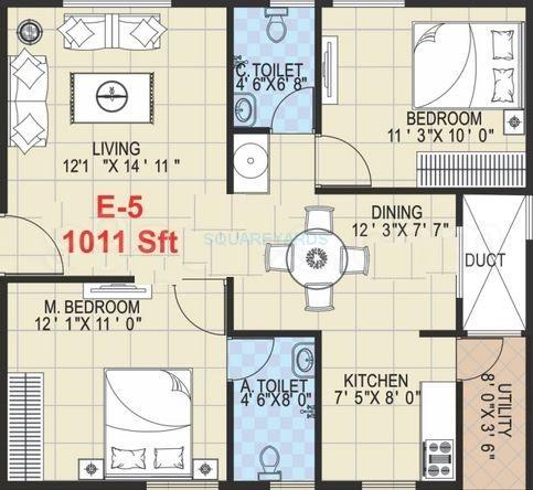 Floor plan of 2 BHK 1011 Sq. Ft. Apartment in Griha Mithra Grand Gandharva, Bangalore
