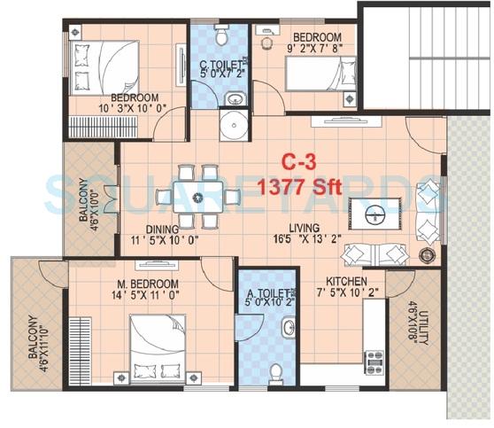 Floor plan of 3 BHK 1377 Sq. Ft. Apartment in Griha Mithra Grand Gandharva, Bangalore