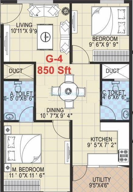 2 BHK 850 Sq. Ft. Apartment