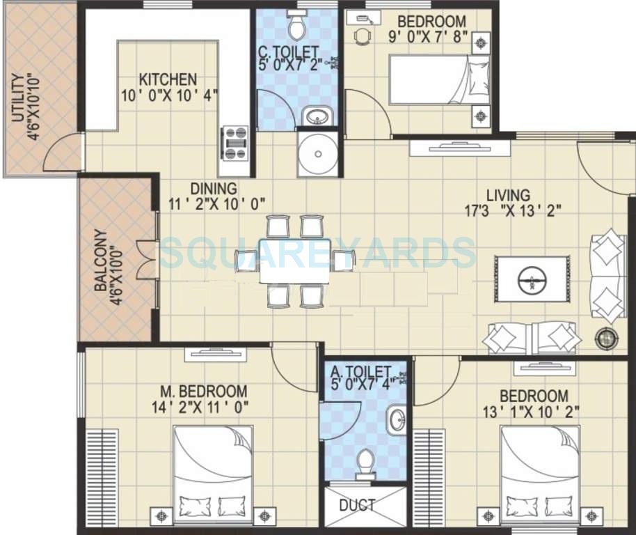 Floor plan of 3 BHK 1382 Sq. Ft. Apartment in Griha Mithra Grand Gandharva, Bangalore